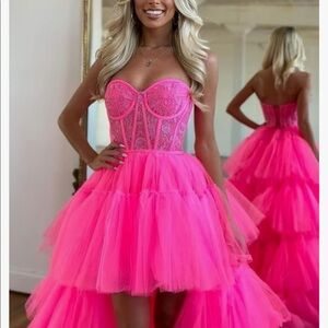Tiered Tulle Lace Prom Dress High Low Homecoming Hot Pink Applique Strapless